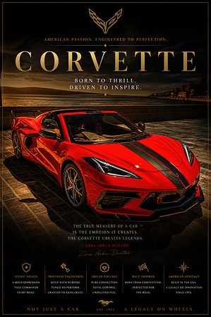 Corvette C8 Coastal Gold Hour – Born to Thrill | Limited Edition Fine Art Print