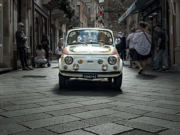 Fiat 500 Driving on Corso Umberto, Taormina Sicily