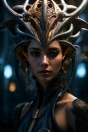 Elegant Enigma: Portrait of a Woman in Elaborate Alien Headdress